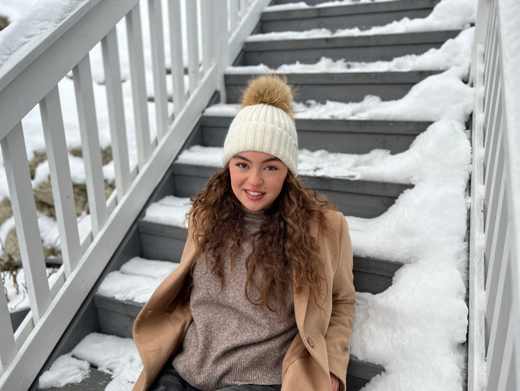 Model in Knitted VILJE Hat from Face The Cold Norway